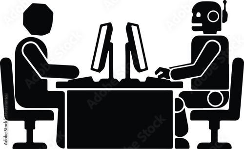silhouette human and robot working at desk on computers vector design