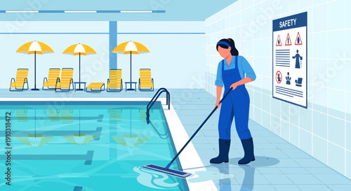 Pool Maintenance Woman Cleaning Poolside with Mop.