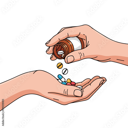 A hand pouring pills from a bottle into the other hand