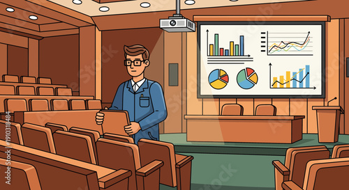 Presentation in a lecture hall with a speaker and graphs.