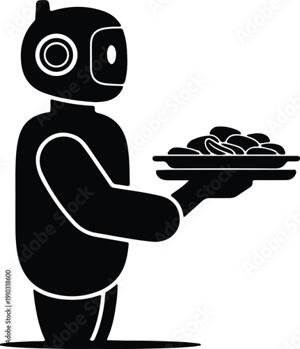 silhouette modern robot assistant delivering meal tray future technology vector design