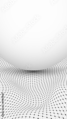Digital data landscape with minimalist 3D sphere and distorted wireframe mesh background technology