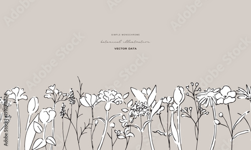 草木のベクター背景。植物のナチュラルフレーム。草木の線画イラスト。