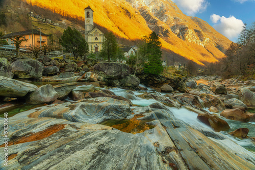 Mountain Village with Church Tower Above Rocky Stream – Scenic Alpine Landscape - Verzasca Valley, Switzerland