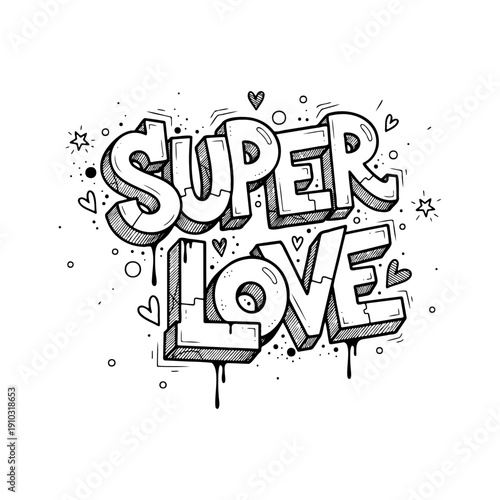 Super love text graffiti style with hearts and drip paint vector