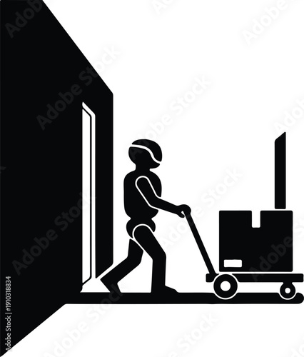 silhouette person pushing hand truck with delivery box logistics concept vector design