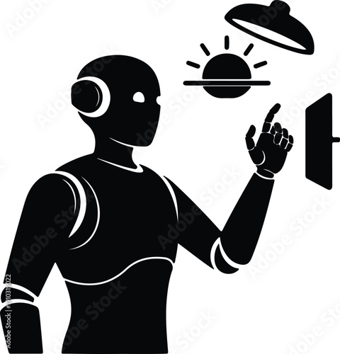 silhouette robot adjusting smart home lighting system technology vector design