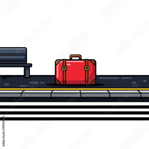 A red suitcase on a train platform