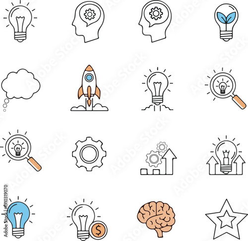 Brainstorming and startup icons featuring light bulbs, gears, rocket ship, and mental health concepts.