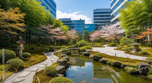 ビルの谷間の桜と新緑の日本庭園