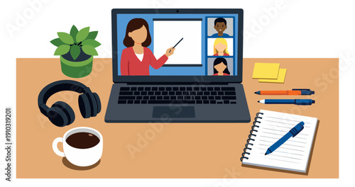 Modern flat design illustration of a desk setup depicting an online class for remote education