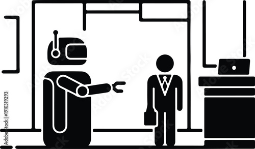 silhouette robot manager interacting with businessman in office technology vector design