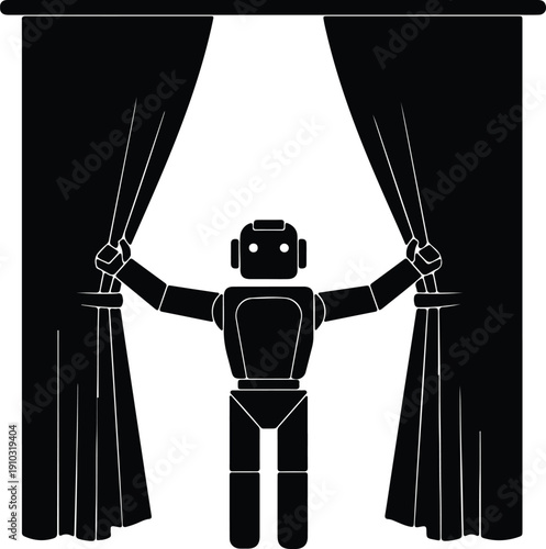 silhouette robot opening stage curtains presenting new technology future concept vector design