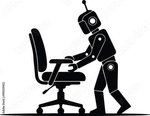 silhouette robot pushing adjusting ergonomic office chair technology work future vector design