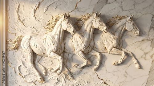 Dynamic 3D Relief Sculpture of Three Galloping Horses with Textured Muscles and Flowing Manes on Elegant Marble Background