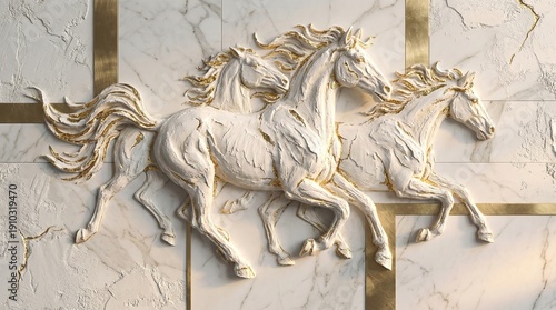Embossed textured artwork of three running horses with flowing manes on a white and gold geometric background