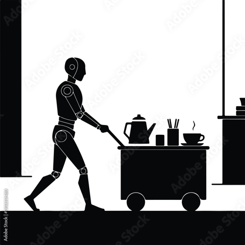 silhouette robot pushing coffee tea service cart automation vector design