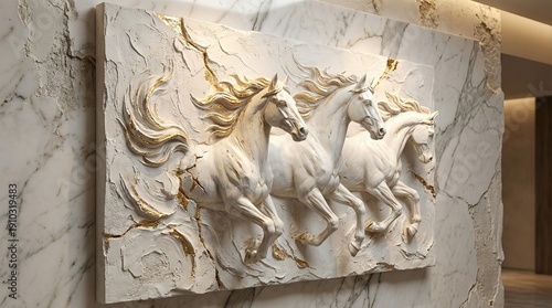 Dynamic textured white and gold relief sculpture of three galloping horses on elegant marble wall background