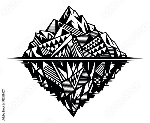Geometric line art illustration of a mountain and its reflection depicting abstract patterns for nature and adventure design