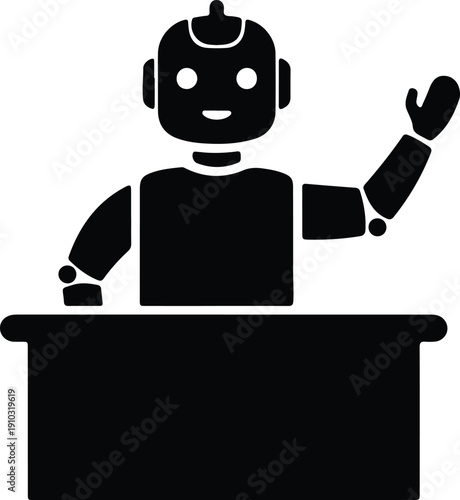 silhouette simple robot waving hand on desk technology icon vector design