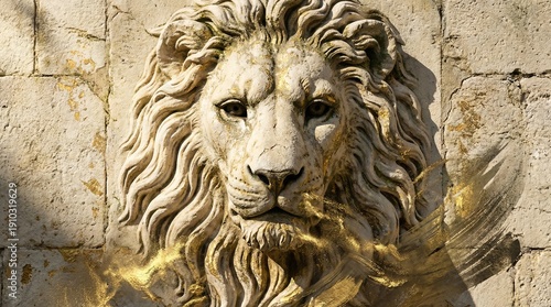 Close-up of intricate stone lion head carving with golden accents and textured background in natural light