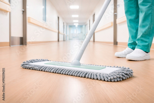 Low-angle ground-level shot of grey microfiber loop mop pad sanitizing wood-te
