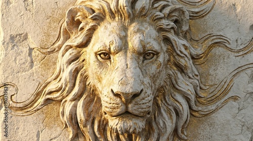 Majestic weathered stone lion head carving showcasing intricate mane and detailed facial features in textured close-up video
