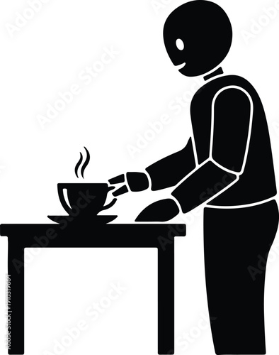 silhouette stylized person preparing hot coffee on table simple iconic vector design