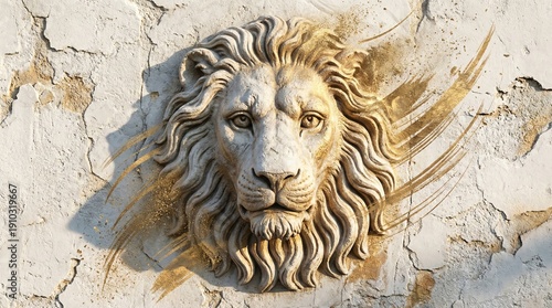 Dynamic lion head sculpture blending texture and brushstroke artistry on cracked wall surface