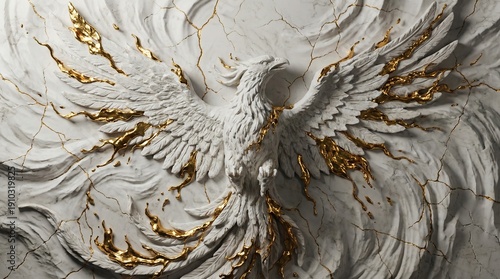 Majestic white and gold phoenix sculpture with wings spread wide showing intricate textured details and glowing golden cracks in slow cinematic rotation
