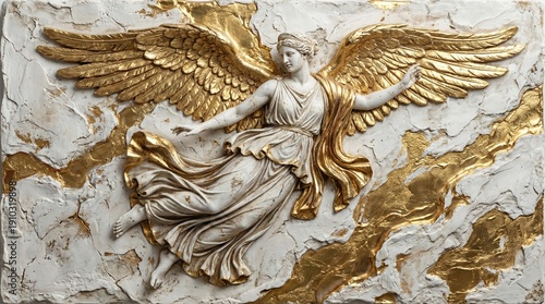 Intricate angel relief with flowing robes and gold-accented wings against a cracked marble background with shimmering gold details