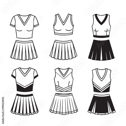 Cheerleading uniform drawings in black and white athletic outfit apparel