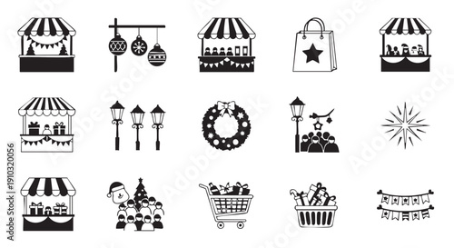 Christmas fair holiday market with gifts and festive seasonal icons