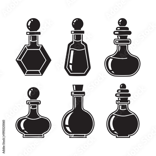 Collection of potion bottles in black and white for magic theme