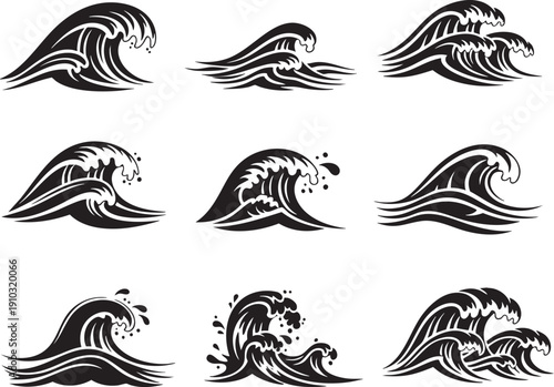 Ocean wave black glyph doodle set for nautical and surf design