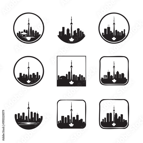 Collection of stylized city skyline icons showcasing a prominent communications tower