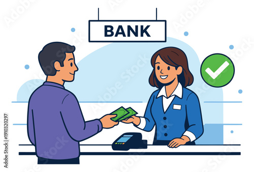 Hand drawn line art illustration of a customer and a bank teller depicting a money exchange for banking services