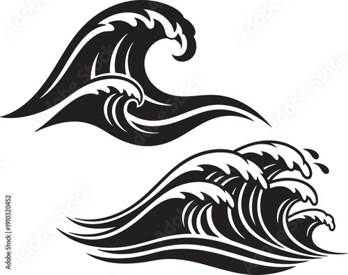 Ocean wave icons in traditional Japanese minimalist line art style