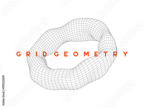 Distorted wireframe torus shape with organic, fluid mesh design. Mathematical mesh shape for futuristic tech design, science and digital projects.