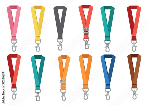 Flat design lanyard set featuring various colorful lanyards with metal clips for business and event identification