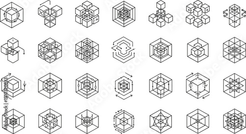 Geometric cube patterns, abstract 3D structures, hexagonal frames, spatial design, architectural concept, visual symmetry, transformation arrows, layered cubes, modern illustration, abstract art