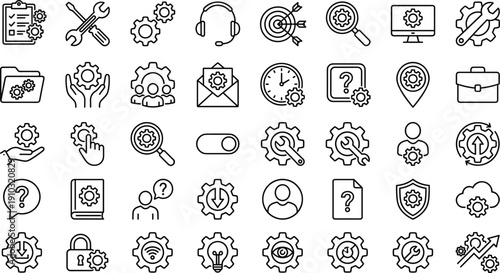 Gear and settings icon set, system tools, configuration symbols, user interface graphics, technical operations, minimal design, support functions