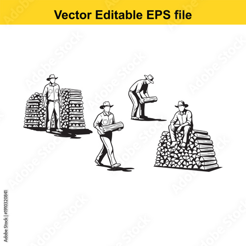  men working with bricks in a simple illustration