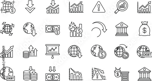 Global finance icons, economic symbols, banking vector set, financial crisis graphics, investment elements, money analytics, black and white illustrations