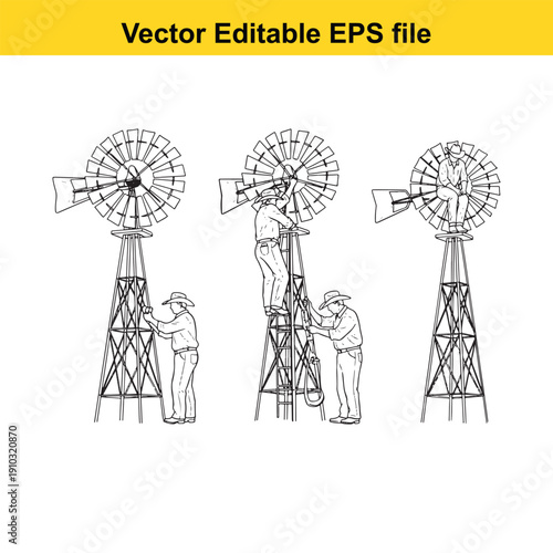  three windmills in different stages of assembly