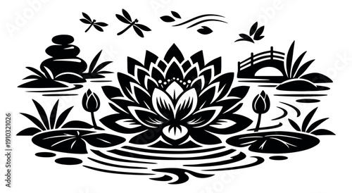 Stylized black and white illustration of a lotus pond scene depicting a tranquil zen garden for spa and relaxation concepts
