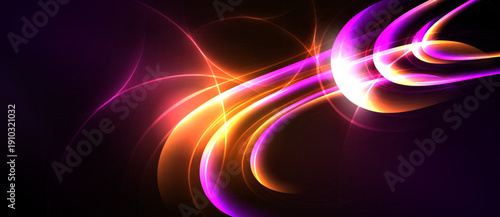 Abstract vibrant lines, curves, glowing energy. Purple, orange hues dominate dark background. Dynamic composition creates visual impact.