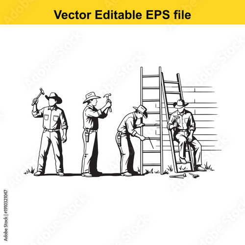  three workers constructing a wooden fence with a ladder