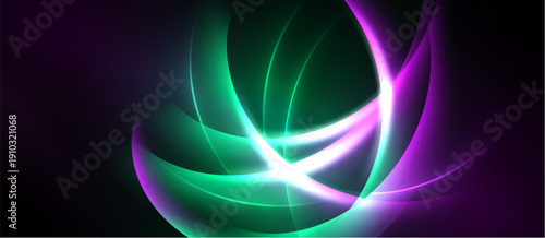 Abstract swirls, vibrant colors, luminous lines create dynamic composition. Dark background emphasizes glowing shapes, energy flows.