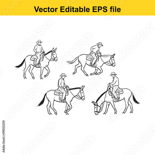  four black and white illustrations of people riding horses and donkeys